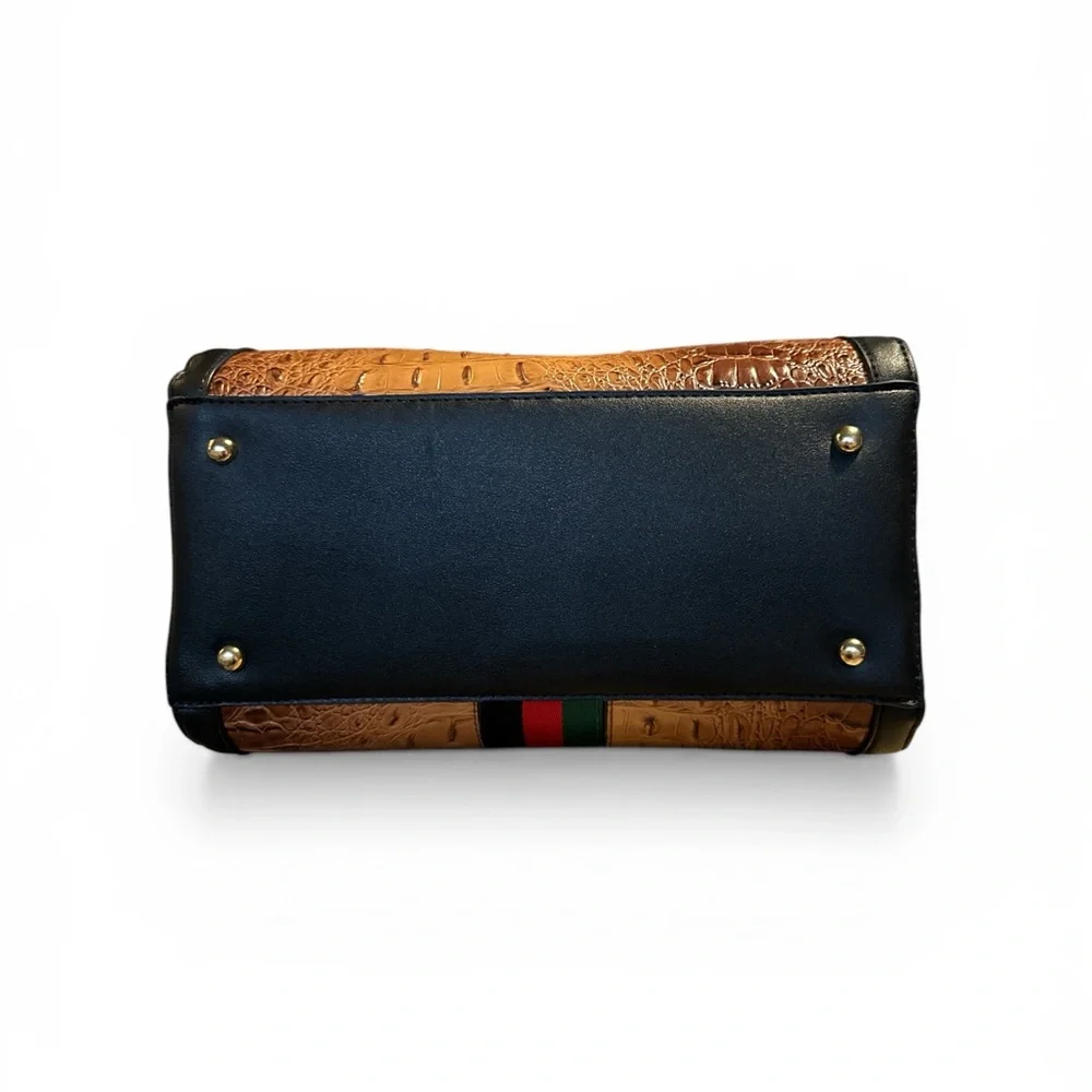 Croc-Embossed Brown Duffel with Green-Red Center Stripe alligator design